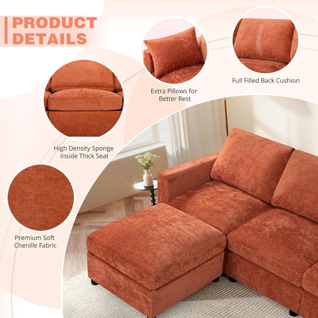 110” Chenille 4 Seater Sofa W/Movable Ottomans, Modern Fabric U-Shaped Couch w/Soft Backrests