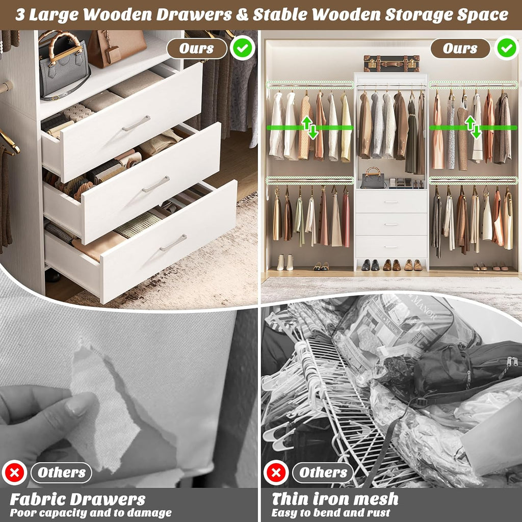 Closet System, Closet Organizer with 3 Wooden Drawers, Closet Organizer System, Walk-in Closet Wardrobe Clothes Rack