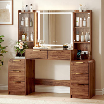 55" Makeup Vanity Desk with Mirror & Lights,Big Vanity Desk with 8 Drawers and Charging Station, Dressing Table with
