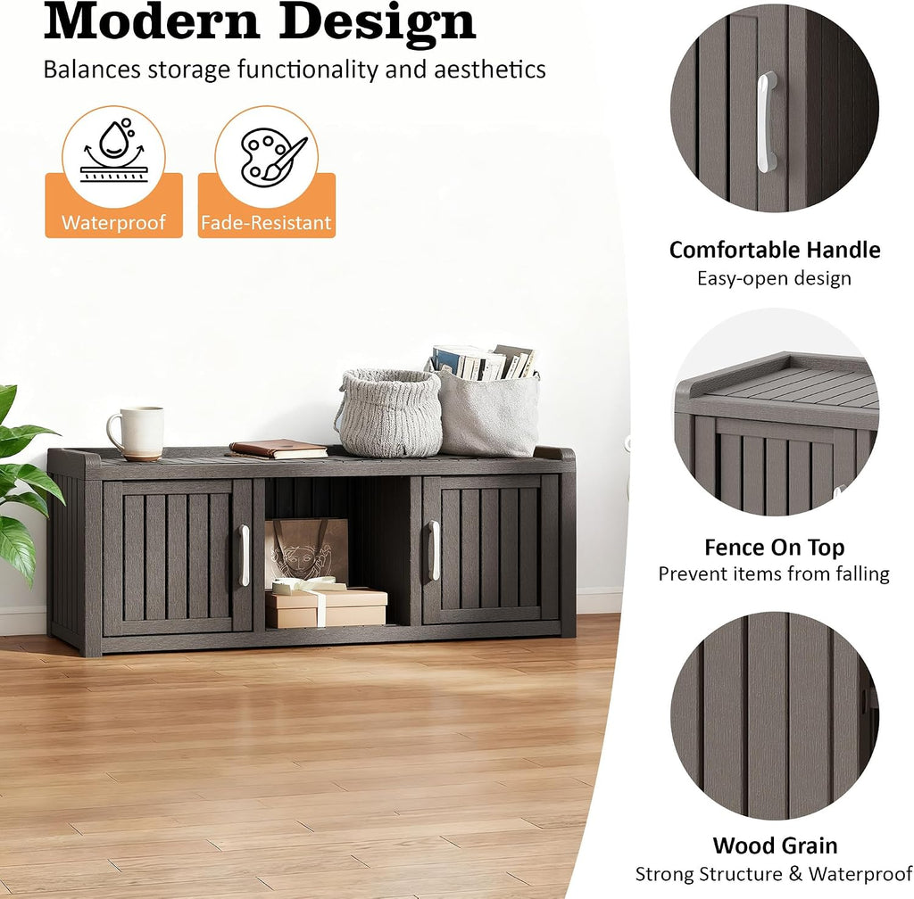 2-Tier Storage Bench, Waterproof UV-Resistant Outdoor Shoe Storage Cabinet with 2 Doors & Adjustable Shelves for