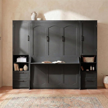 Queen Murphy Bed with Desk, Closet, Drawers and Shelves, Fold into The Wall, Space-Saving Foldable Wood Platform Bed