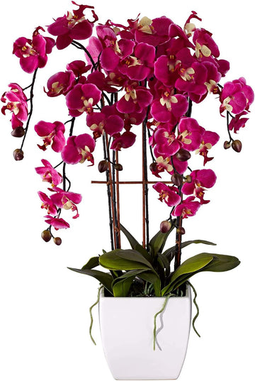 Potted Silk Faux Artificial Flowers Arrangements Realistic Purple Fuchsia Orchid in White Ceramic Pot for Cottage