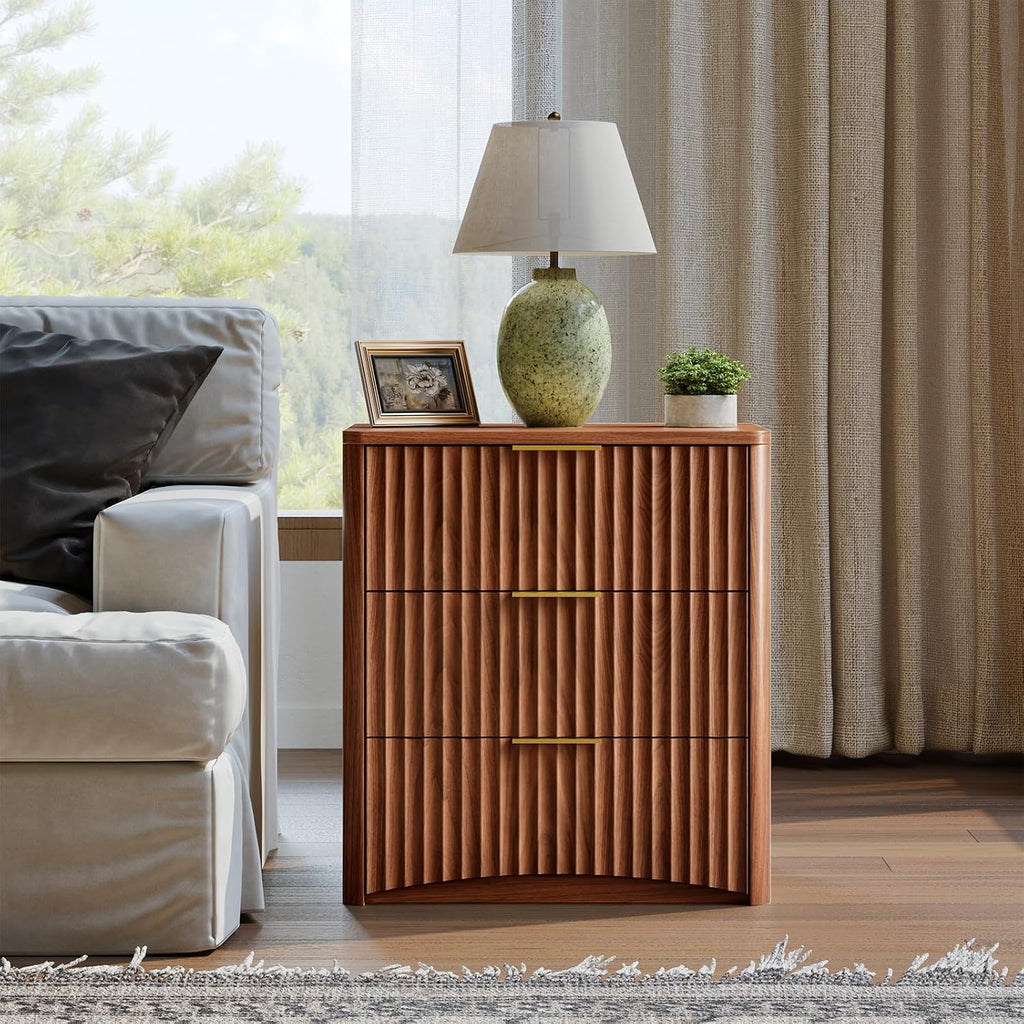 Fluted Nightstand, Walnut Bedside Table with 3 Drawers, Wood End Table with Storage Mid Century Modern, Large Night