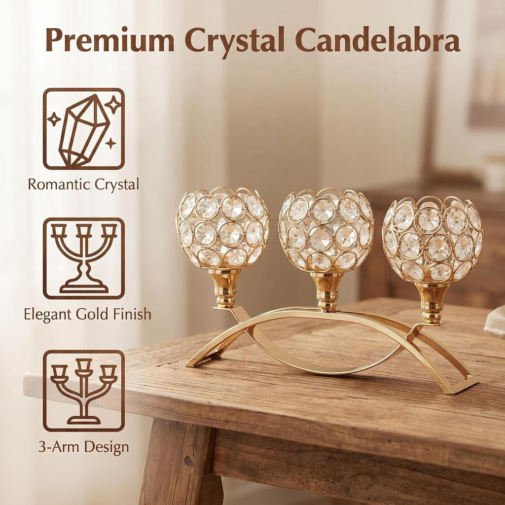 3-Arm Arched Crystal Candelabra, Gold Candle Holder Table Centerpiece, Dining, Party, Thanksgiving & Christmas