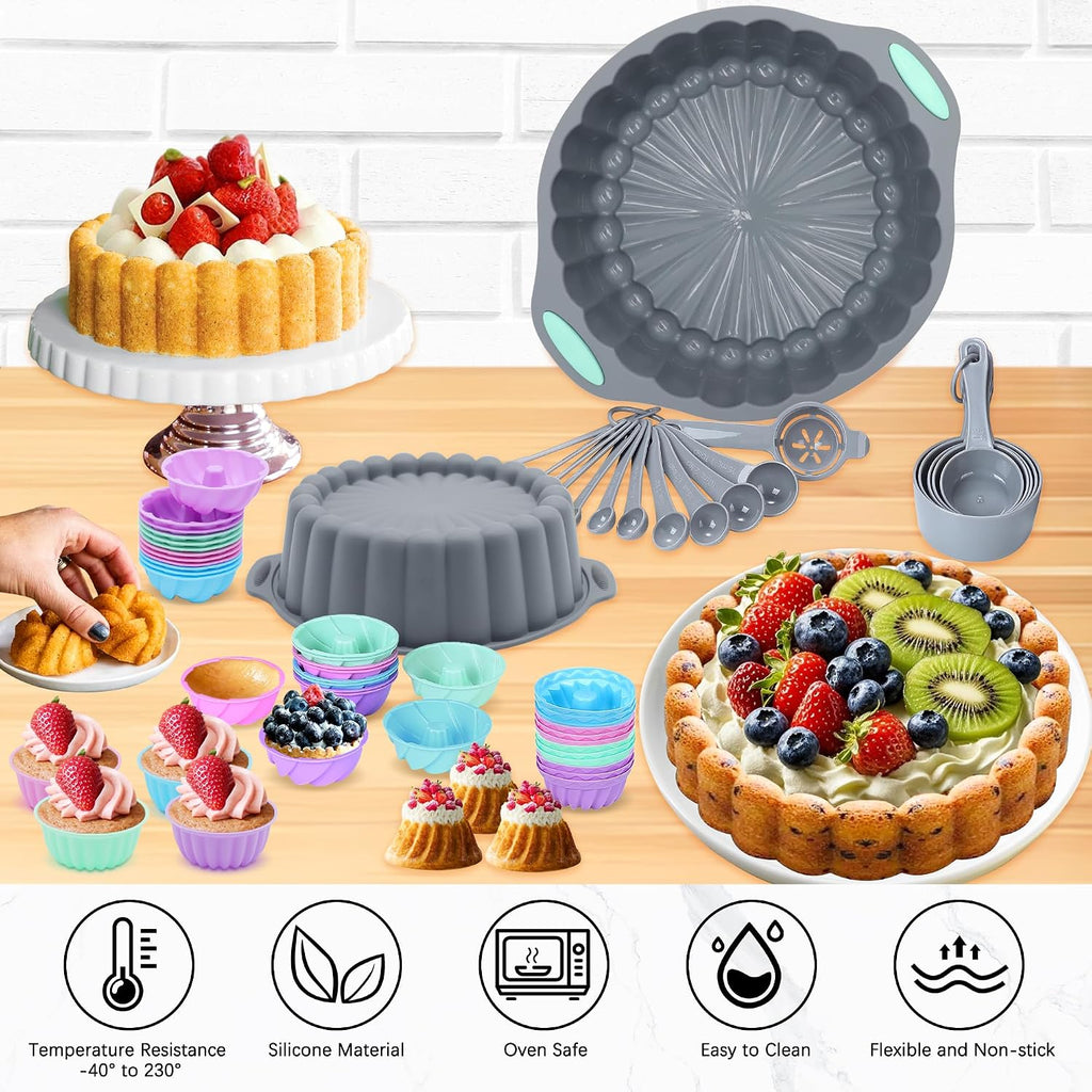 72 Pieces Silicone Bakeware Set, Nonstick Pans Set, Easy Release Oven Silicone Pan with Cake Pans, Loaf Pans, Cups