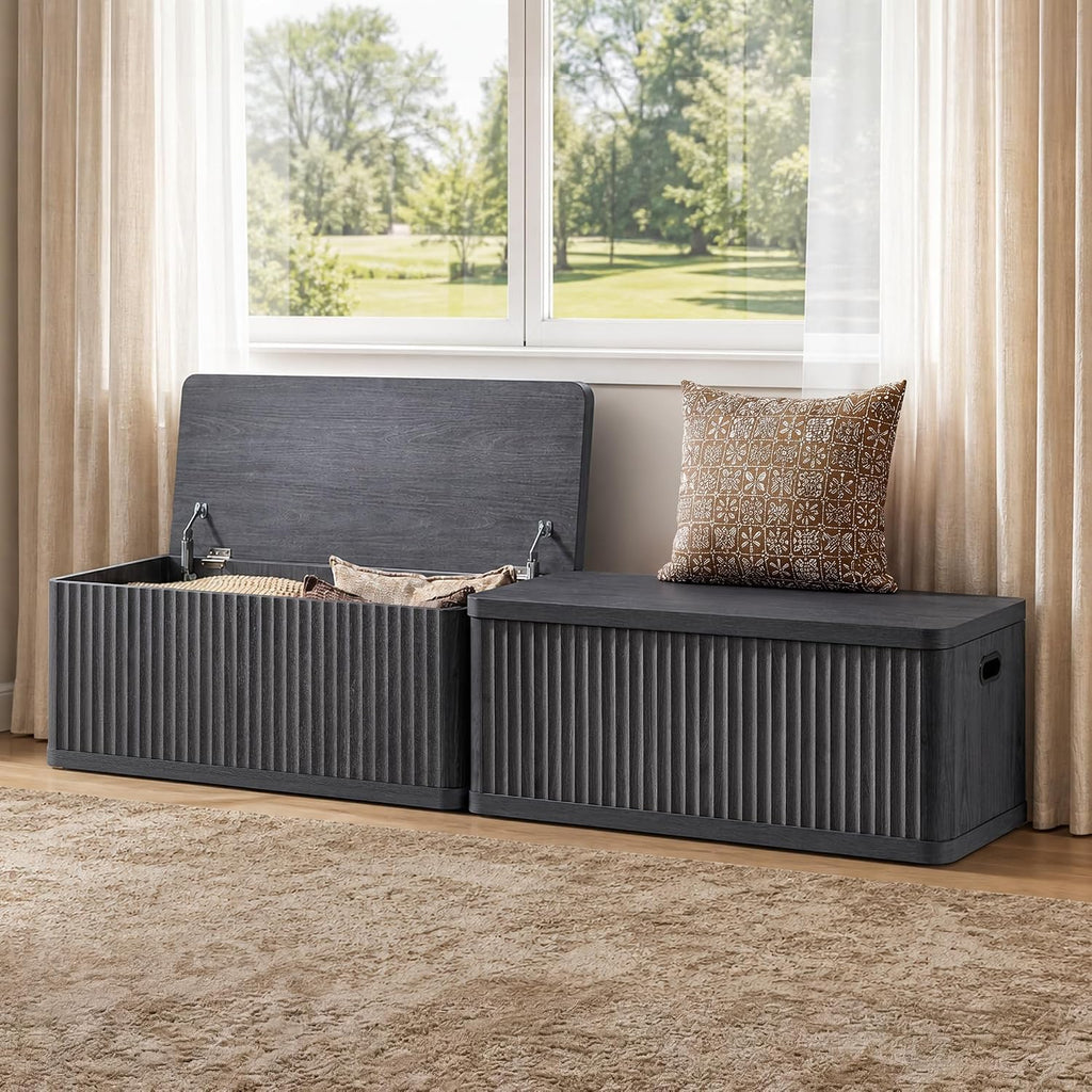 Storage Bench 80.4" Wide Shoe Bench with Lift Top Large Wooden Storage Chest Trunk Modern Blanket Chest with 4 Safety