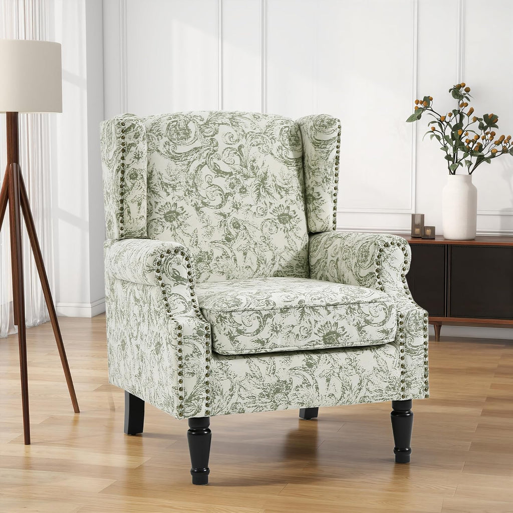 Floral High Back Accent Chairs Set of 2, Wingback Armchair in Fabric | Printed Upholstered Reading Seat with