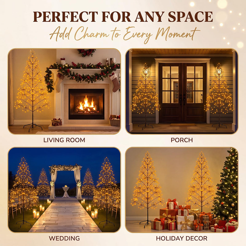 2 Pcs 6ft Christmas Lighted Birch Tree Brown Alpine Twig Trees