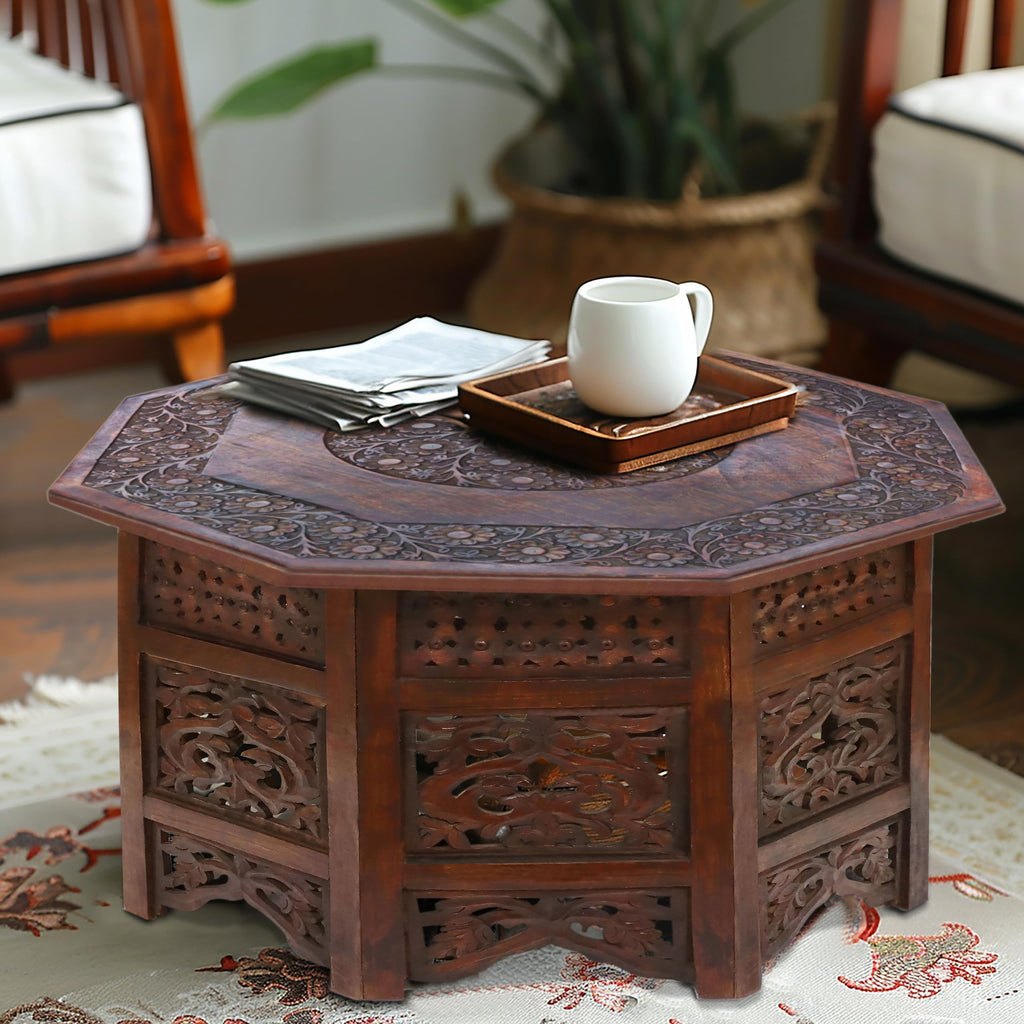 Solid Wood Coffee Table - Hand Carved Folding Octagon Table