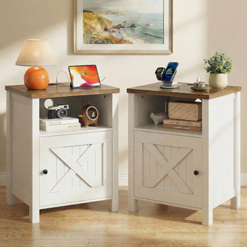 Farmhouse Nightstand Set of 2, Wood Bedside Table with Charging Station, Night Stand with Shelf and Doors, End Table