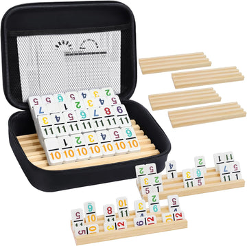 Mexican Train Dominoes Set with Numbers and 8 Wooden Trays/Racks, Double 12 Dominos Travel Set with 8 Tiles Holders