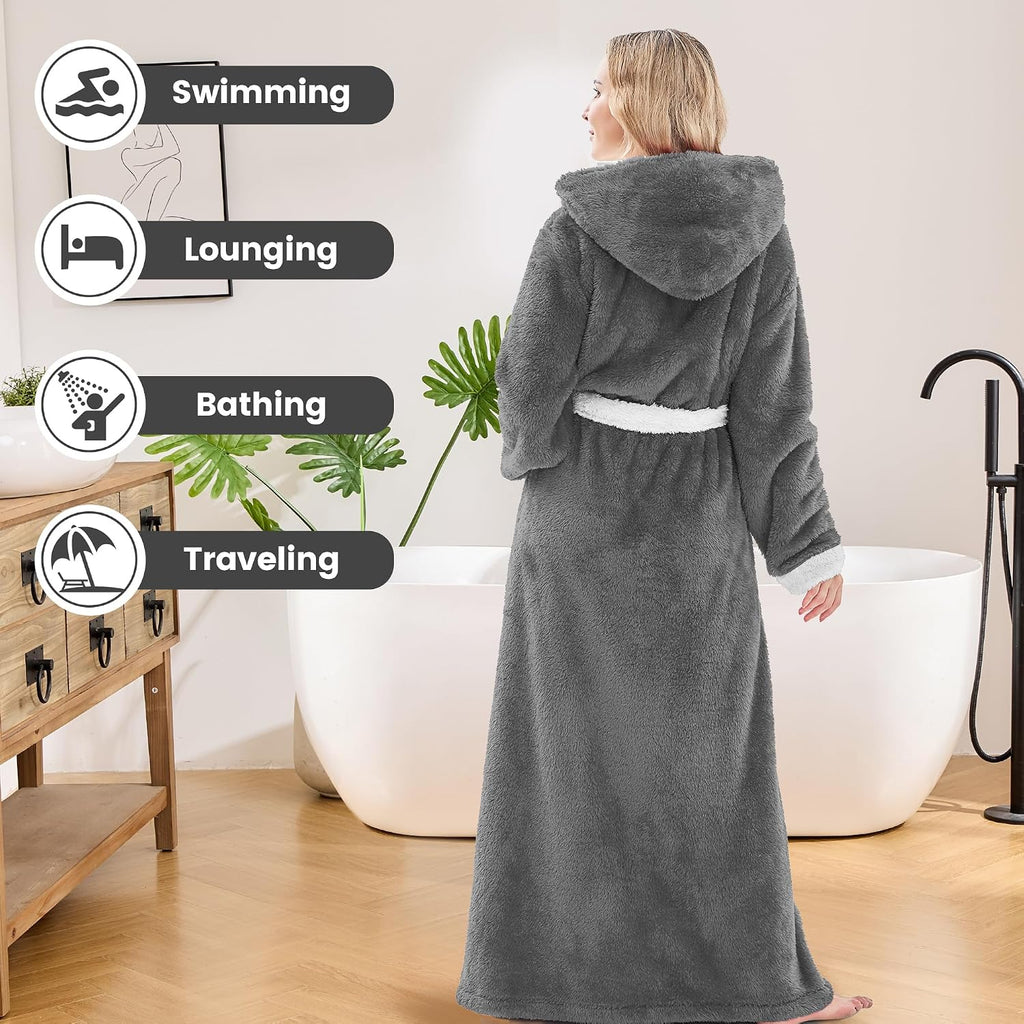Long Robes For Women Floor Length, Fluffy Fleece Warm Cozy Hooded Bathrobe Plush Luxury Plus Size Winter Housecoat