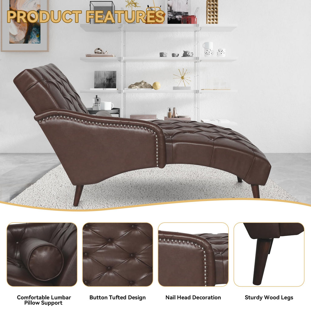 PU Leather Chaise Lounge Chair Indoor, Side Armrest, Dark Brown