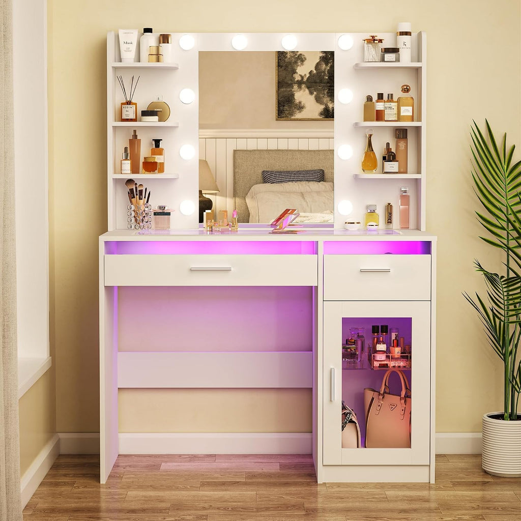 Vanity Desk with Mirror and Lights, Makeup Vanity Desk with Lights 3 Colors, Transparent Top Vanity with 2 RGB