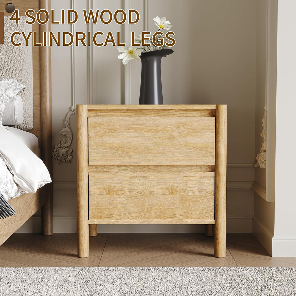 Mid Century Modern Oak Nightstand Set of 2 - Bedside Table with 2 Drawers and 4 Sturdy Solid Wood Legs, End Table