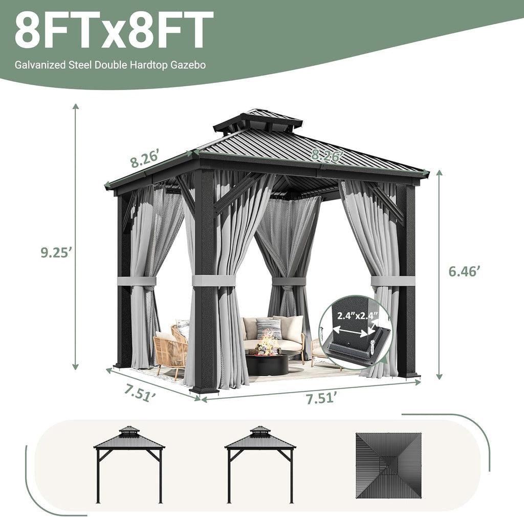 8'x8' Hardtop Aluminum Gazebo with Curtains & Netting Dark Gray | Heavy-Duty Aluminum Frame