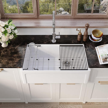 White Farmhouse Sink Fireclay Apron Front Kitchen Sink Single Bowl Kitchen Sinks, 33x20x10 Deep Workstation Sink with - Set of 6