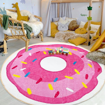 Kids Rug 5Ft Round Play Mat Pink Donut Playroom Rug for Girls Large Circle Bedroom Carpet for Nurser