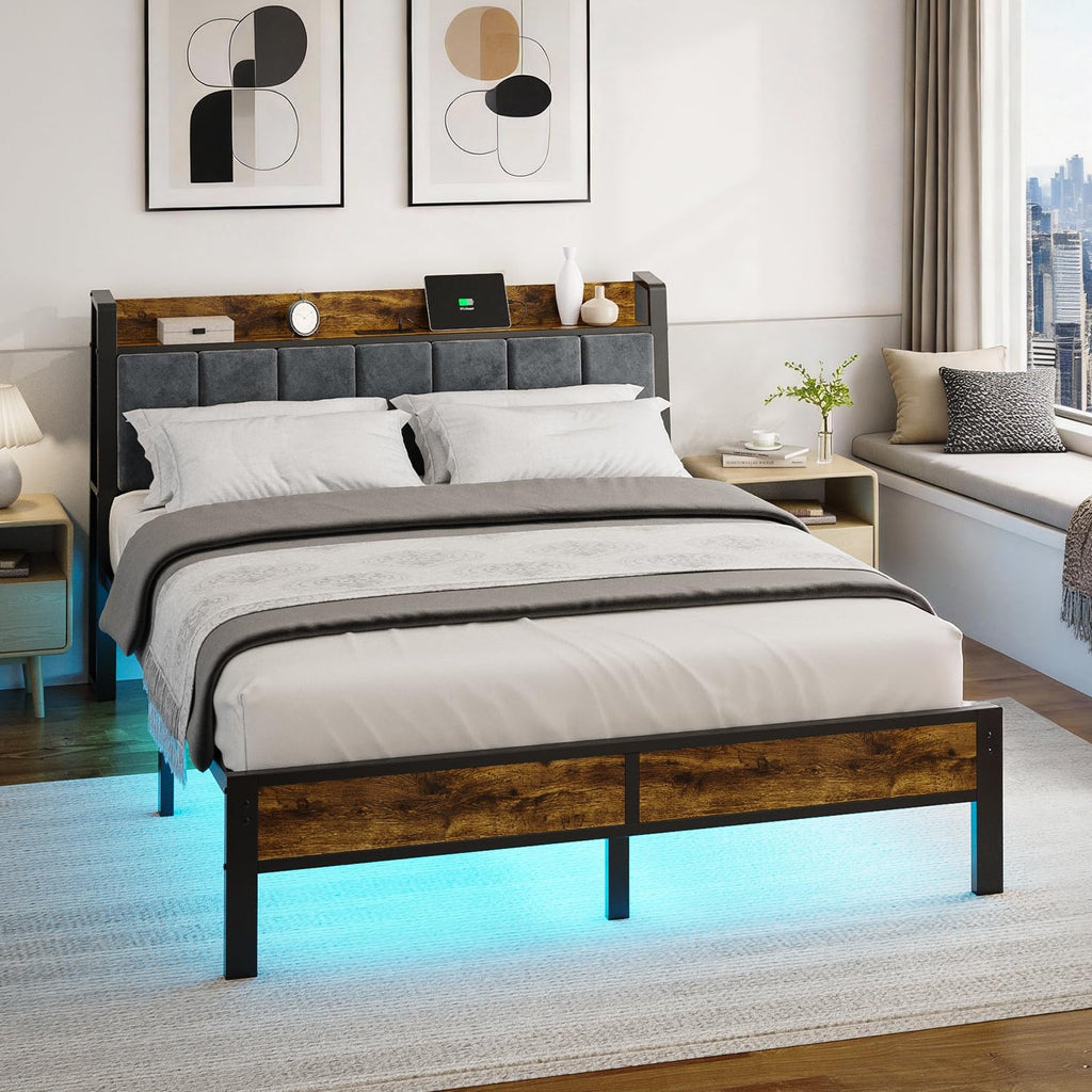 Queen Bed Frame with Wood Headboard, Metal Platform Bed with USB Charging Station and Smart LED Lights, No Box Spring