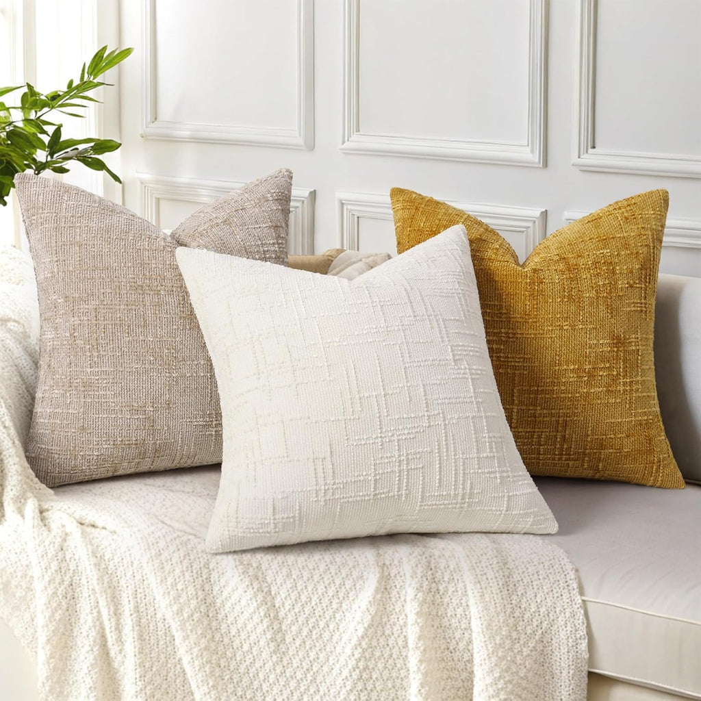 Summer Cream White Chenille Throw Pillow Covers 18x18 Set of 2 Textured Cozy Slubby Couch Pillow Covers Modern