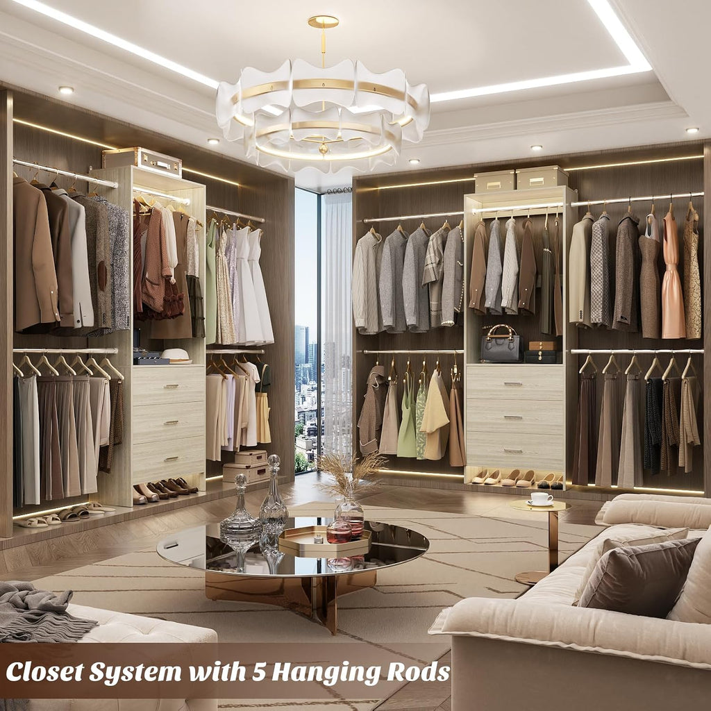 Closet System, Closet Organizer with 3 Wooden Drawers, Closet Organizer System, Walk-in Closet Wardrobe Clothes Rack