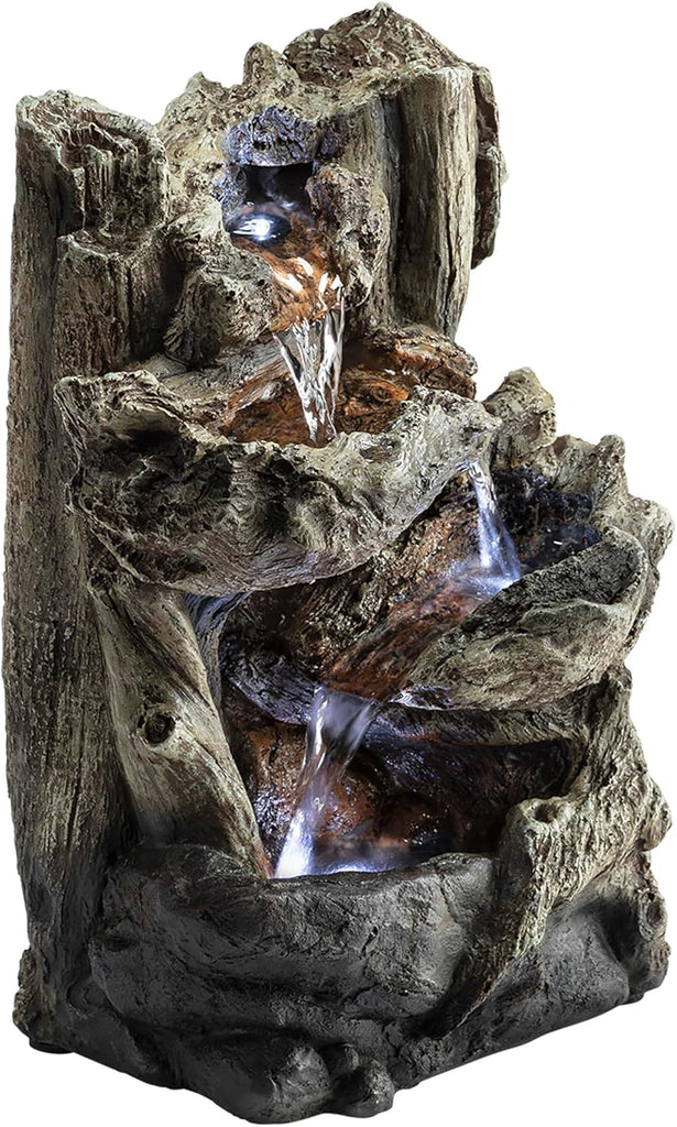14"H Indoor Tiered Log Tabletop Fountain with LED Lights - Cascading Waterfall Design Creates Relaxing Ambiance Décor