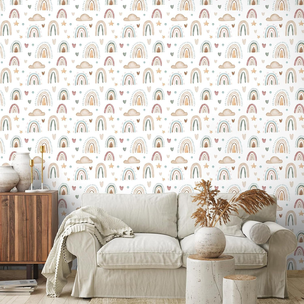 17.7"x236" Boho Wallpaper Peel and Stick Rainbow Wallpaper Kids Rainbow Cloud Heart Star Vinyl Roll Removable Self