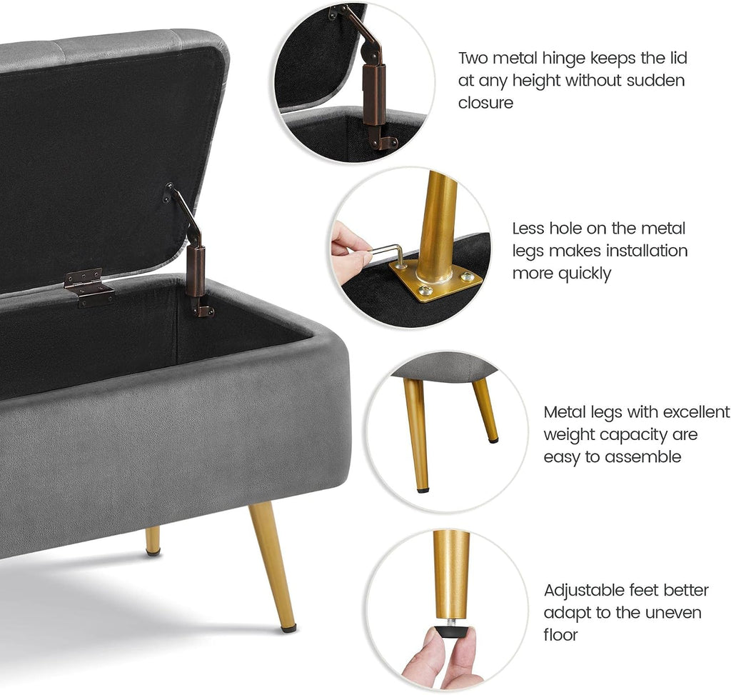 43in Velvet Storage Ottoman Bench End of Bed, Gray | Button-Tufted Ottoman Bench with 1.9C Storage Space, Tapered