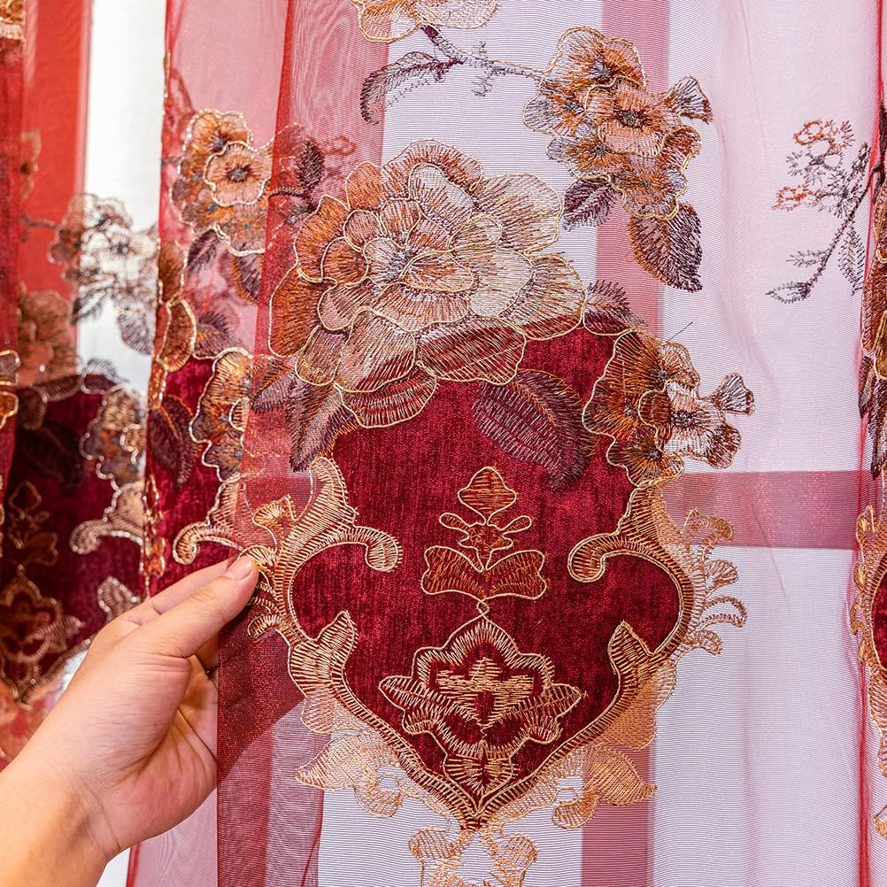 European Style Luxury Festival Burgundy Red Embroidered Sheer Curtain for Living Room Elegant Floral Tulle Curtains