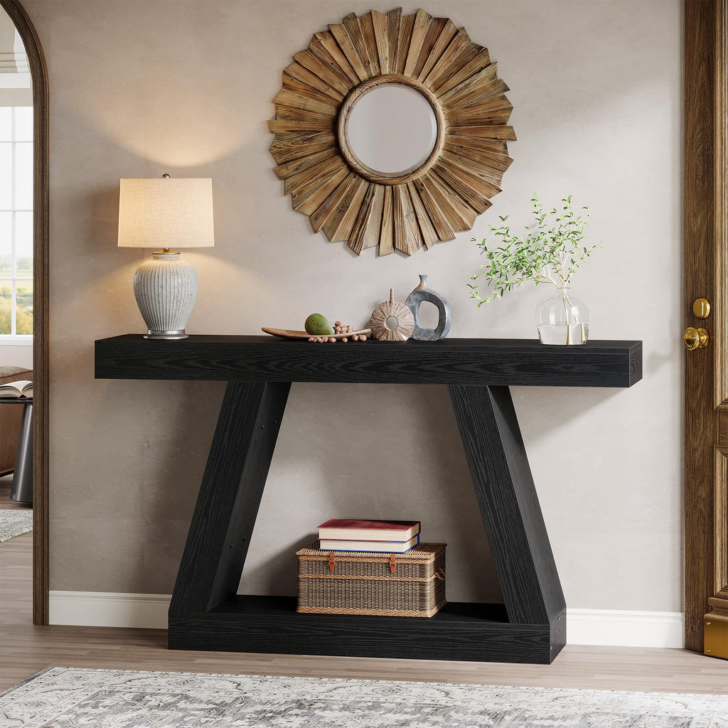 Farmhouse Console Table, 55-Inch Rustic Sofa Table with Storage, Industrial Wooden Entryway Table, Black & Brown