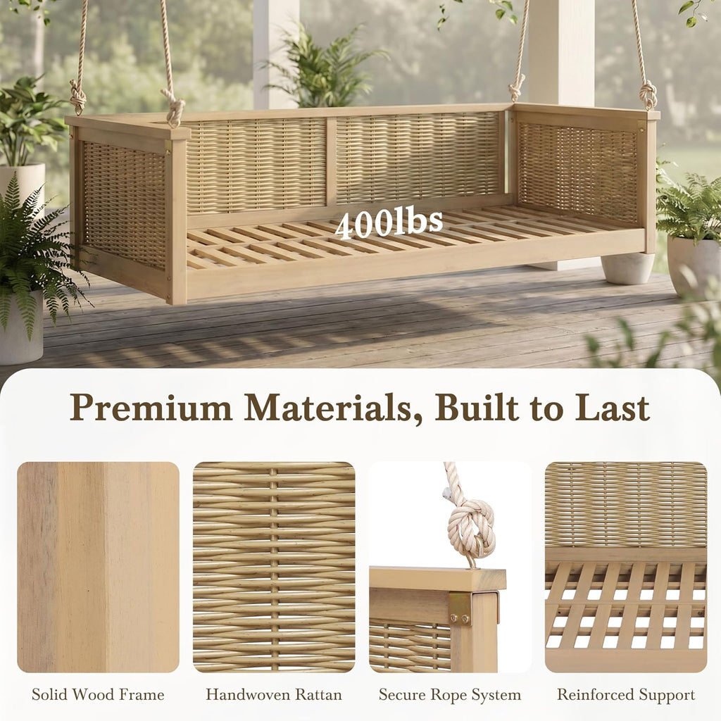 Twin Size Outdoor Porch Swing Bed, Solid Wood Rattan Swing Daybed Frame with Long Ropes , Poolside, Backyard, Light