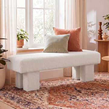59" White Upholstered End of Bed Bench, Long Bench | Modern Bench for King Bed, High Resilience Entryway Bench ,Teddy