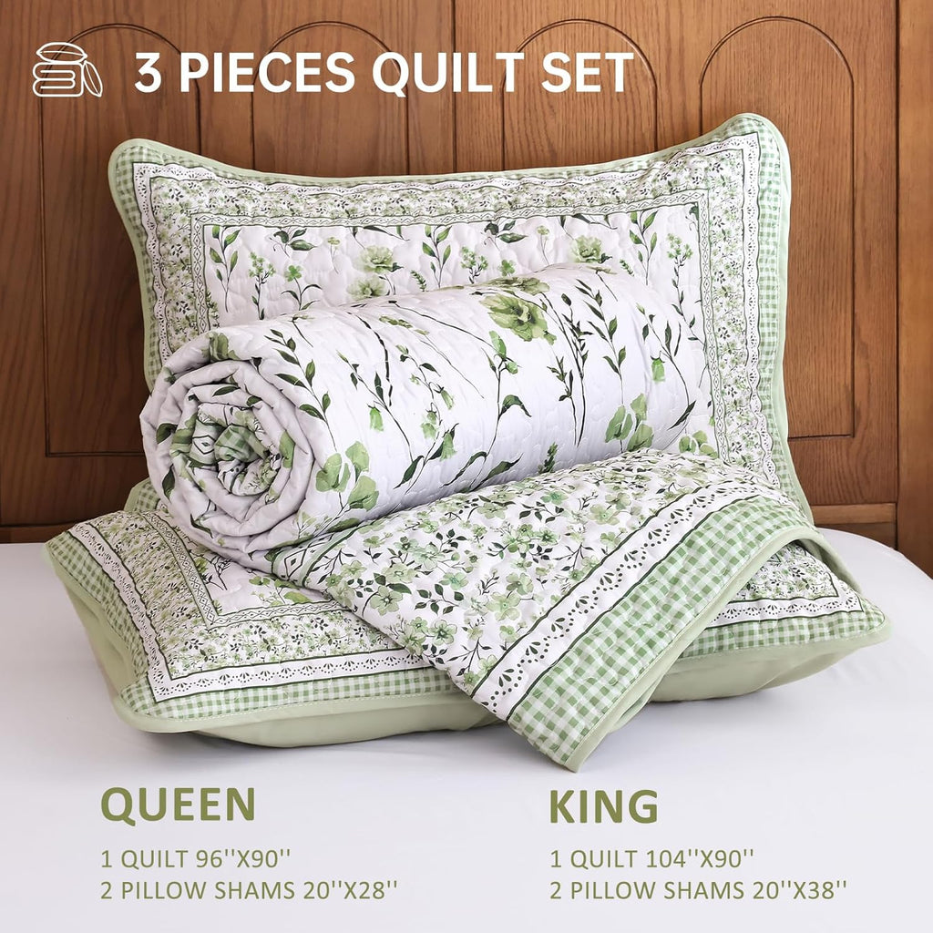 Floral Quilt Set, Sage Green Bedspread Set with 2 Pillowcases, Microfiber Lightweight Flowers Botanical Coverlet