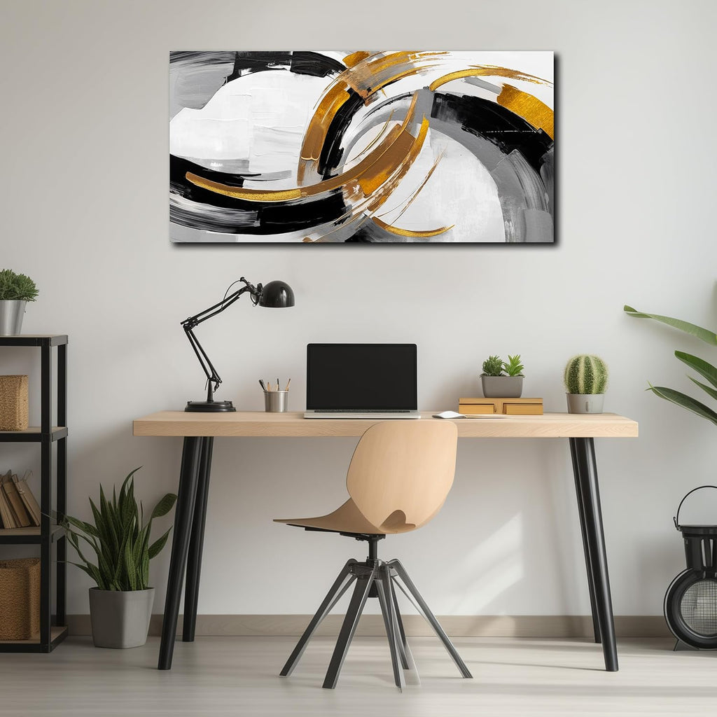 Large Abstract Canvas Wall Art Black White and Gold Minimalist Line Artwork Office