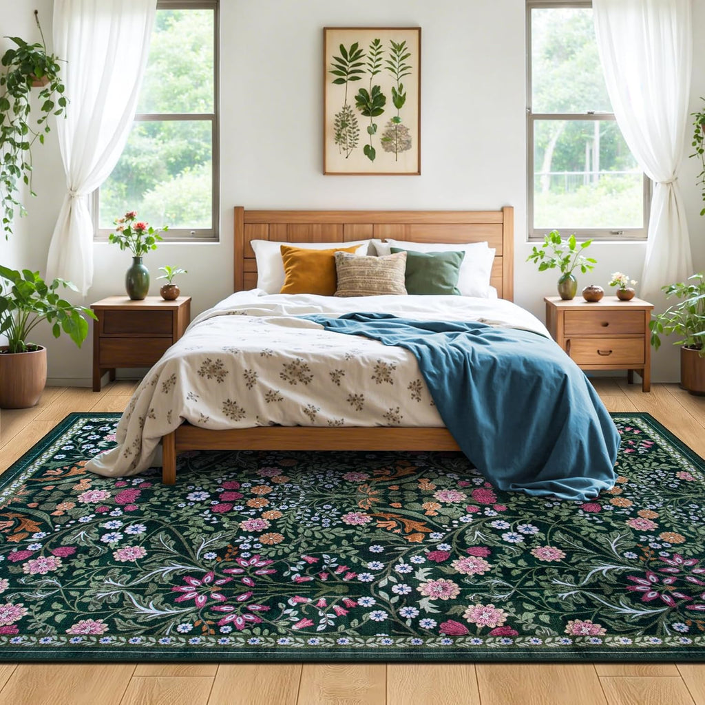 10x14 Area Rugs for Living Room: Floral Washable Rug Vintage Large Soft Boho Non-Slip Carpet Stain R