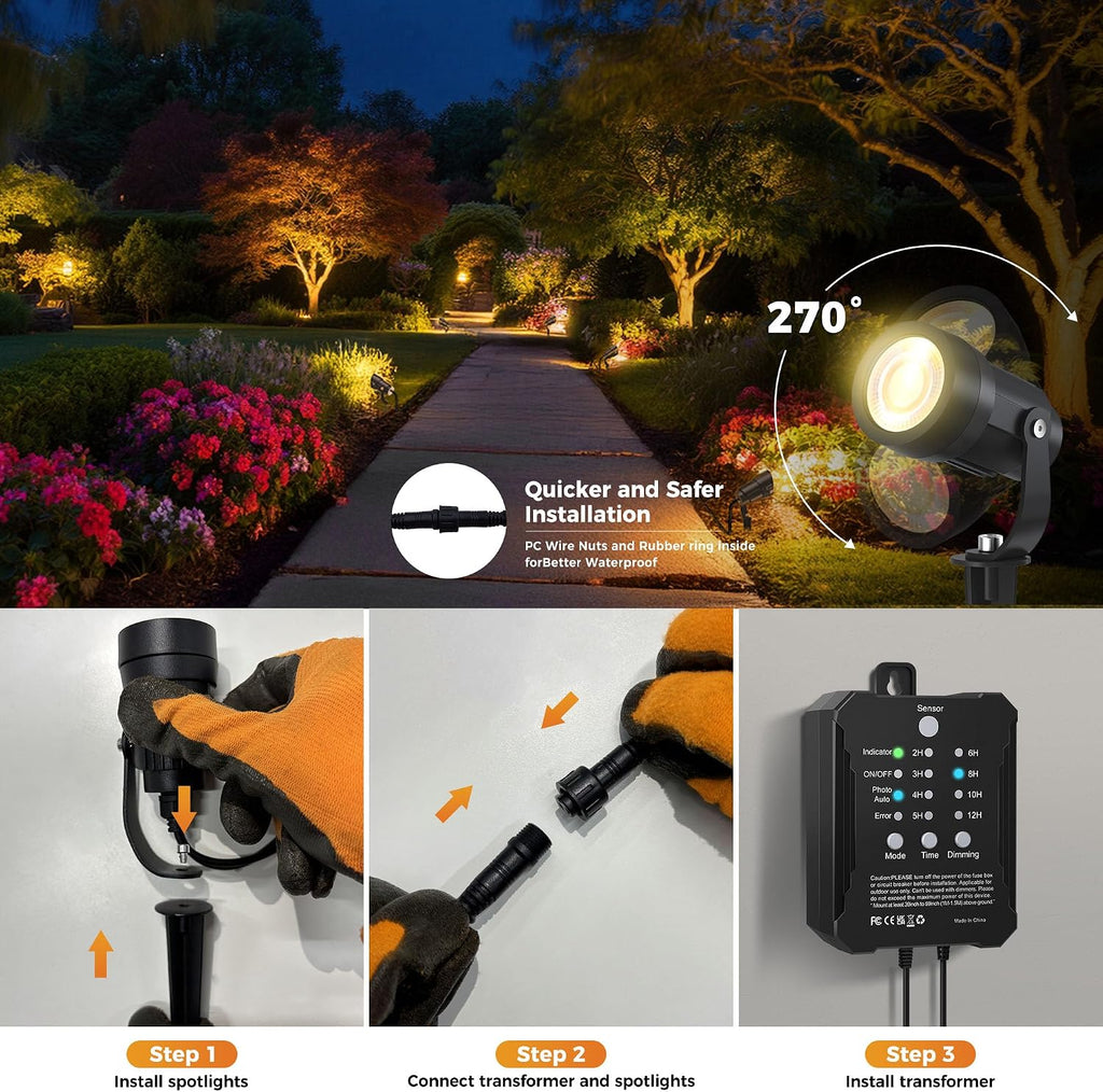 All-in-One Low Voltage Landscape Lighting Kit, 8 Pack 5W Die-cast Aluminum Landscape Lights with Transformer and