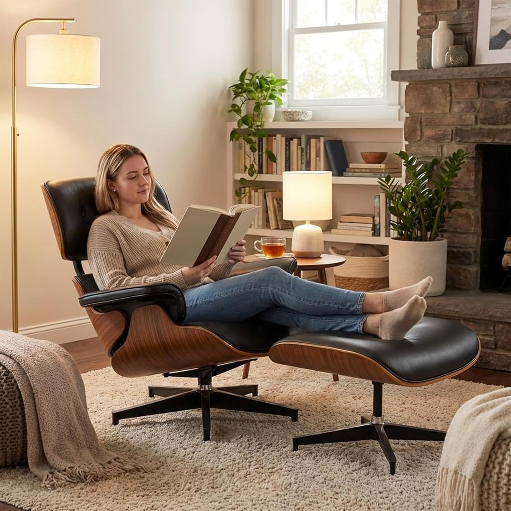 Modern Reading Chair and Ottoman — PU Leather