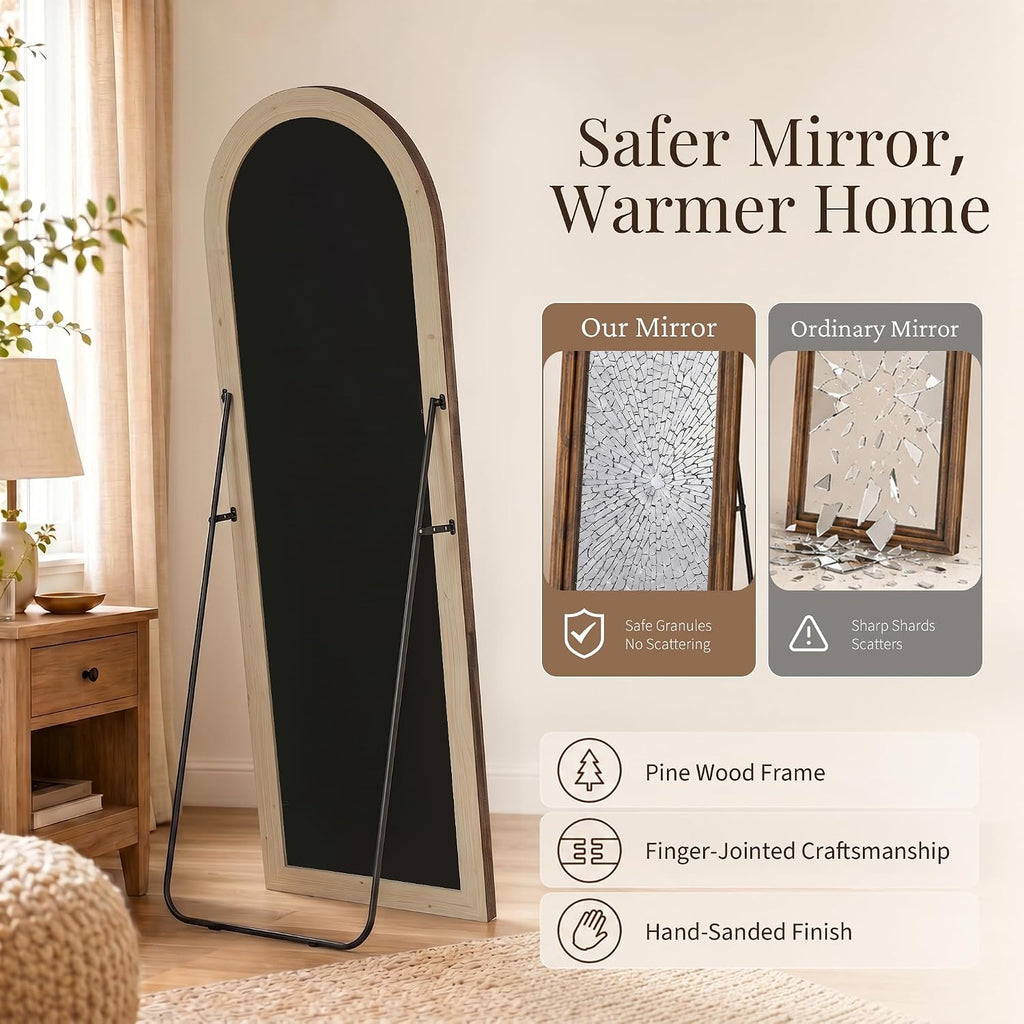 Arched Wood Floor Mirror with Stand, 63" x 21" Rustic Walnut Triple-Layer Solid Wood Frame Full Length Body