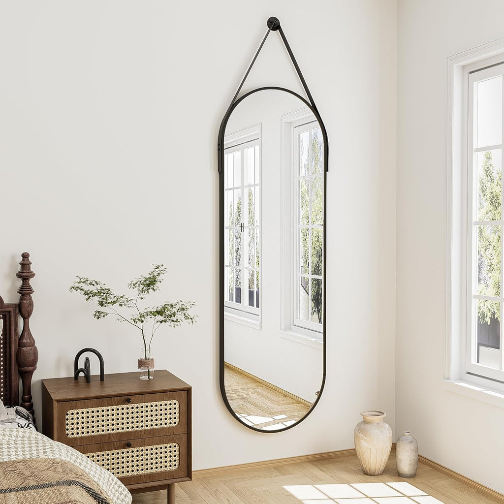 Full Length Mirror, Oval Wall Mounted Mirror, 48"x16" Door Mirrors Full Length with Hanging Leather Strap with Aluminum Frame for Bathroom Living Room Entryway (Black)