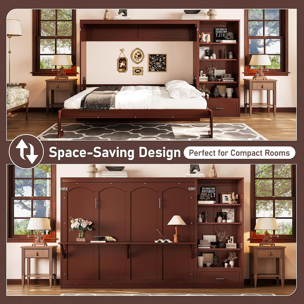 Queen Horizontal Murphy Bed with Desk, Foldable Wall Bed Frame with Storage Drawers, Shelves & Movable Cabinets