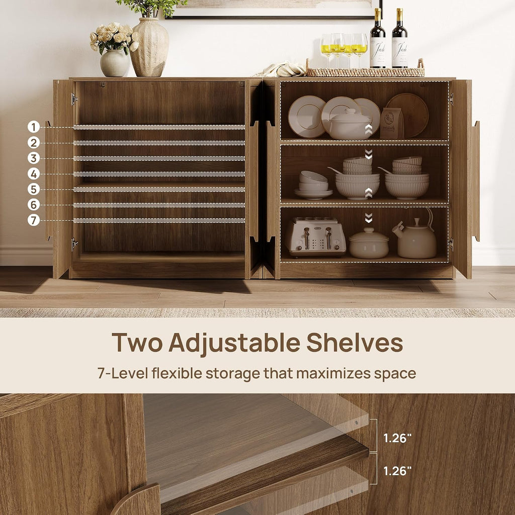 Sideboard Buffet Cabinet with Storage, Large 63''W Credenza, Walnut | Modern Accent Cabinet with Curved Handles & 2