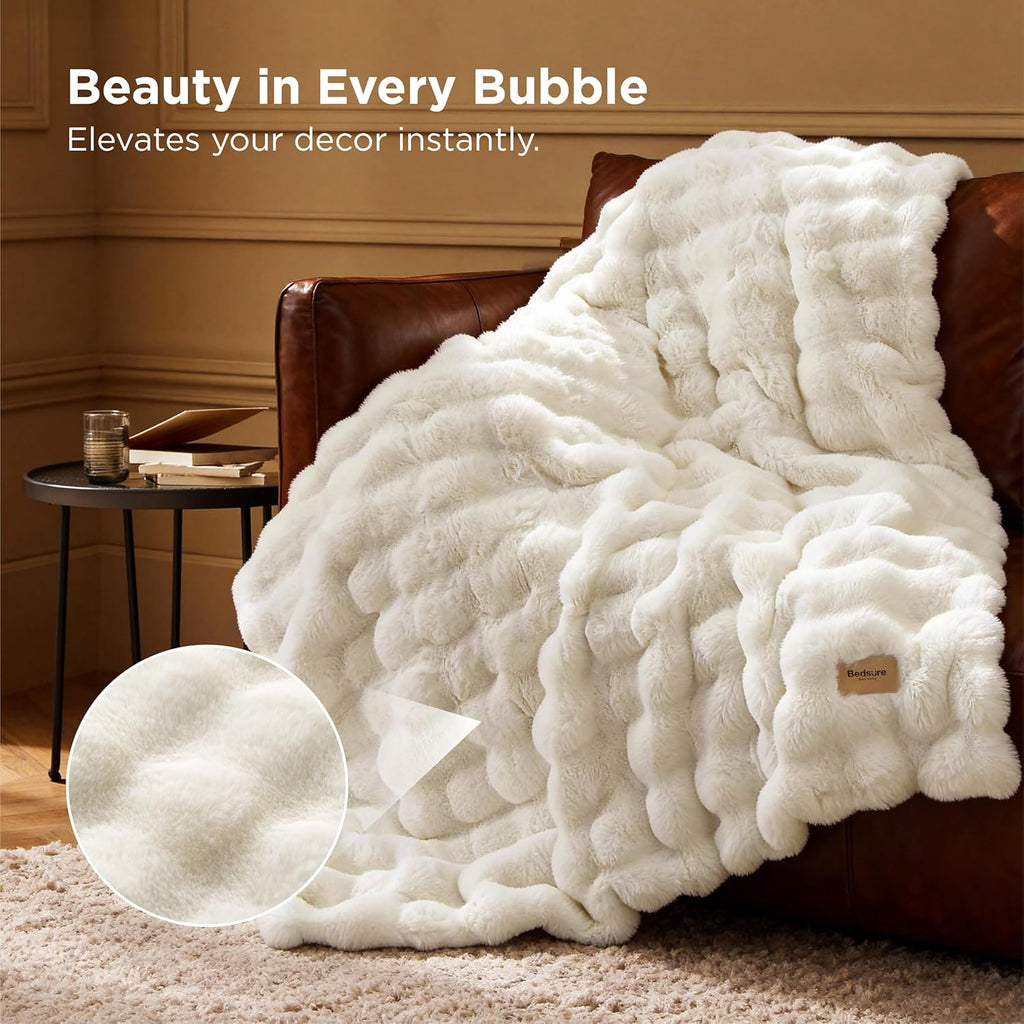 GentleSoft Fluffy Faux Fur Throw Blanket, Soft Fuzzy Fleece Blankets & Throws, Cream Bed Decor Cozy Gifts for Women