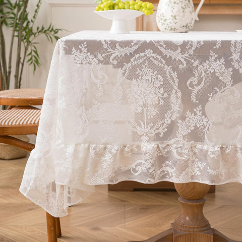 White French Lace Ruffle Tablecloth 60 x 102 Inch with Ruffled Edge, Fits Round and Rectangular Tabl