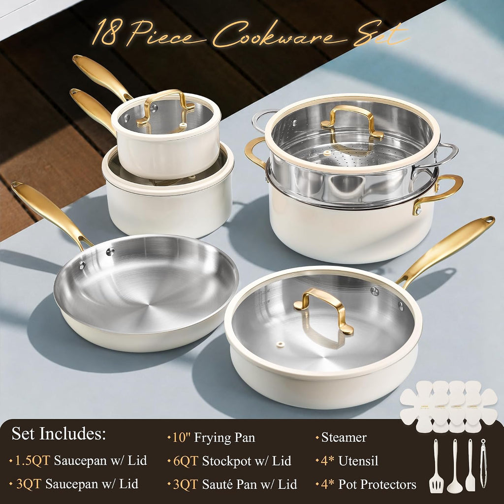 18 PCS Stainless Steel Cookware Set, Pots and Pans Set | Oven & Dishwasher Safe, Kitchen Set with Silicone Lids