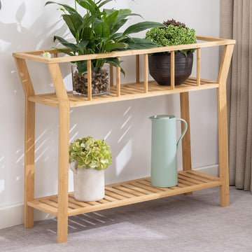 Bamboo Plant Stand Indoor 37.4"x11" 2 Tier Tall Organizer Shelf | Flower Pot Holder, Mid Century Modern Table