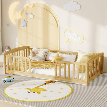 Montessori Floor Bed with 18" Fence and Curved Entrance, Pine Wood Bed Frame with Safety Guardrails, Low