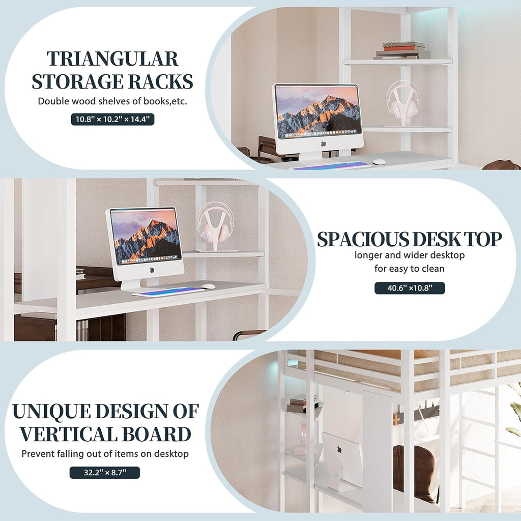 Metal Twin Loft Bed with Desk, Twin Loft Bed with 2 Built-in Ladders & Safety Guard, Noise Free for Small Bedroom