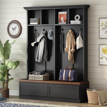 Farmhouse Entryway Hall Tree with Bench, Mudroom Coat Rack with 2 Large Drawer and Open Shelf, 4-in-1 Hallyway Shoe