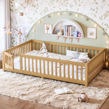Queen Size Montessori Floor Bed Frame with Slats and Fence for Kids,Natural | Solid Wood,Full Surround Safety