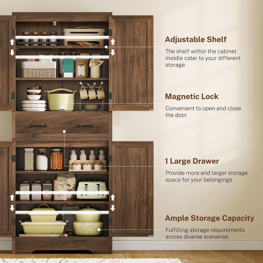 Tall Storage Cabinet with 2 Adjustable Shelves & 1 Large Drawer, Kitchen Pantry Cabinet with 4 Doors, Bathroom